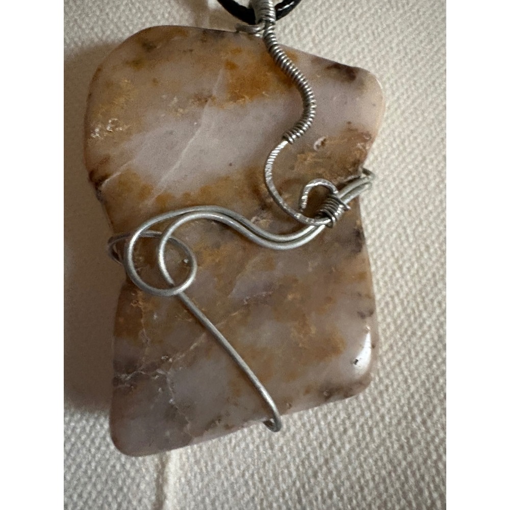 Artisan Wire Wrapped Natural Stone Pendant Necklace Tan Cream Silver Boho Cord‎
